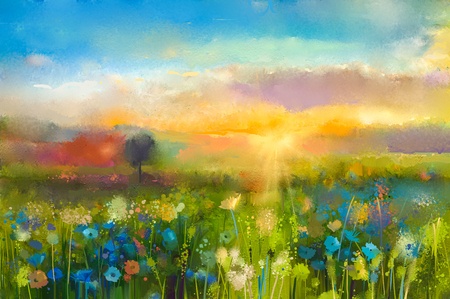 44972323 - oil painting  flowers dandelion, cornflower, daisy in fields. sunset  meadow landscape with wildflower, hill and sky in orange and blue color background. hand paint summer floral impressionist style